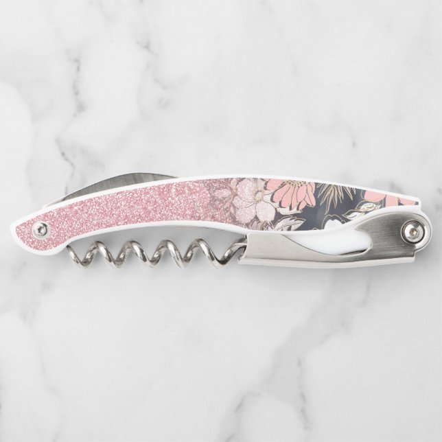 Elegant Gold floral pink Gradient Glitter Image Waiter's Corkscrew (Back)