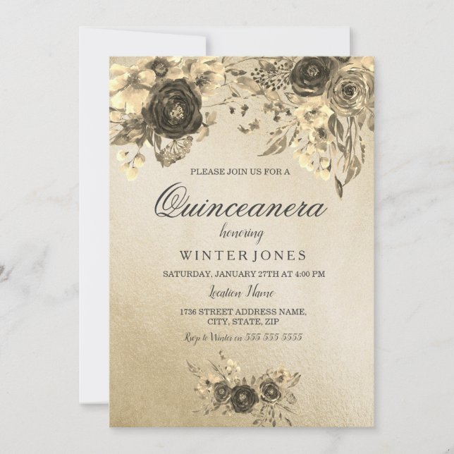 Elegant Gold Floral Quinceanera Invite (Front)