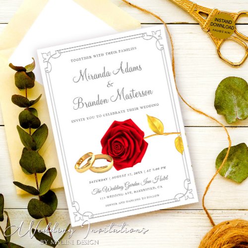 Elegant Gold Floral Red Roses Wedding Invitation