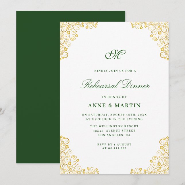 Elegant gold floral Rehearsal dinner Invitation (Front/Back)