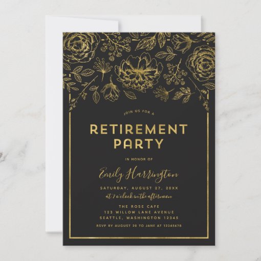 Elegant Gold Floral Retirement Party Invitation | Zazzle