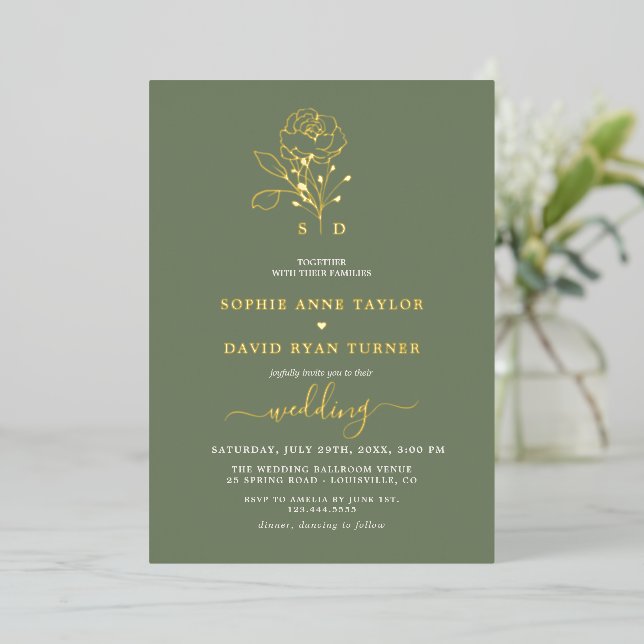 Elegant Gold Floral Sage Green Monogram Wedding Foil Invitation (Standing Front)