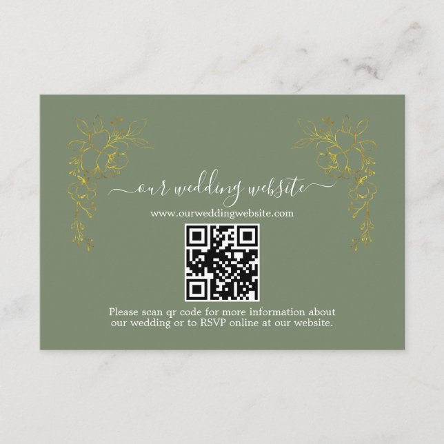 Elegant Gold Floral Sage Green QR Code Wedding  Enclosure Card (Front)