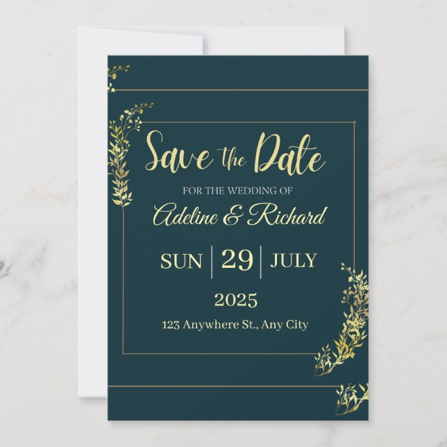Elegant Gold Floral Save The Date Card  (Front)