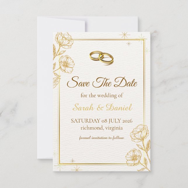 Elegant Gold Floral Save The Date Card (Front)