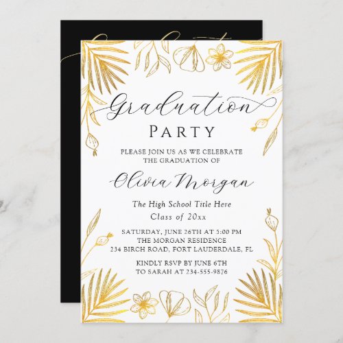 Elegant Gold Floral Script Graduation Party Photo Invitation