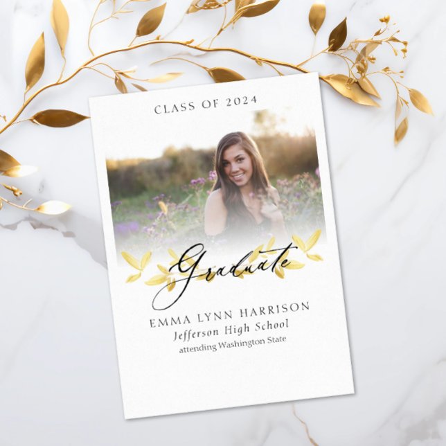 Elegant Gold Floral Script Photo Graduation Invitation (Creator Uploaded)