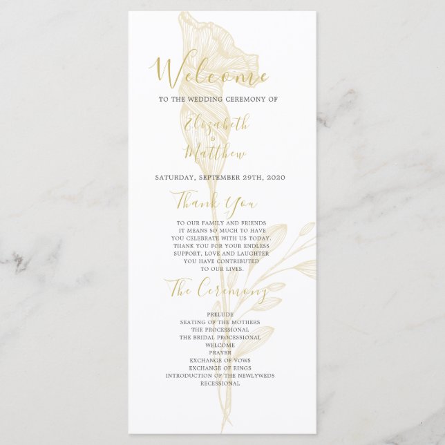Elegant Gold Floral Script Simple Wedding Program (Front)