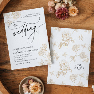 Elegant Gold Floral Simple Black & White Wedding Invitation