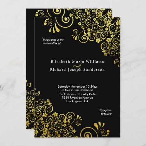 Elegant Gold Floral Swirls Black Art Deco Wedding Invitation