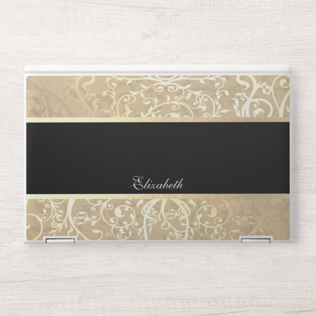 Elegant Gold Floral Swirls, Black - Personalized HP Laptop Skin (Front)
