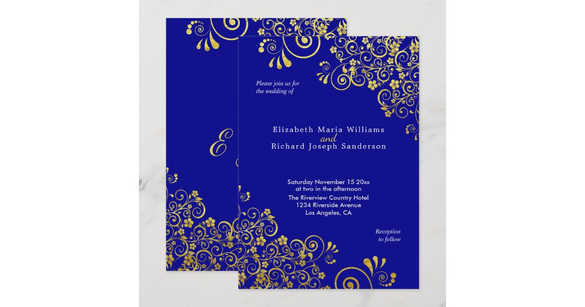 Elegant Gold Floral Swirls Navy Blue Wedding Invitation | Zazzle