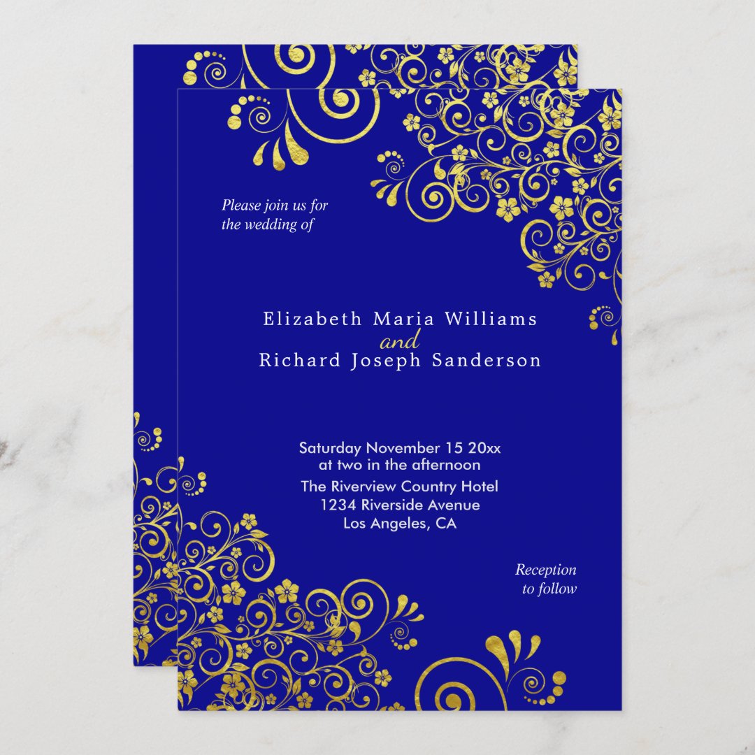 Elegant Gold Floral Swirls Navy Blue Wedding Invitation | Zazzle