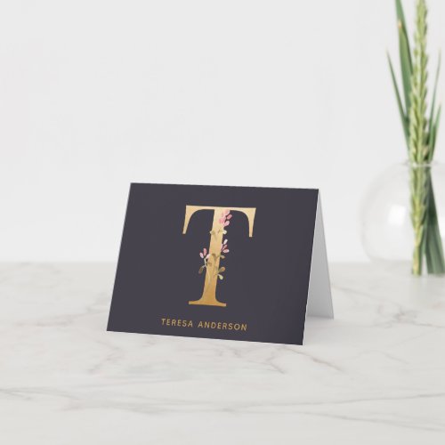 Elegant Gold Floral T Monogram Chic Personalized Note Card