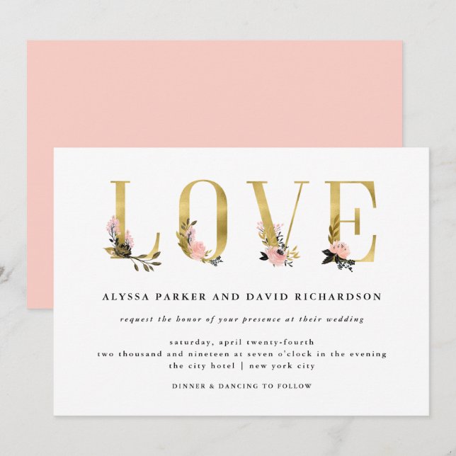 Elegant Gold Floral Text | Love Wedding Invitation (Front/Back)