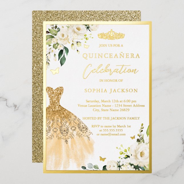 Elegant Gold Floral Tiara Dress Quinceanera  Foil Invitation (Front/Back)