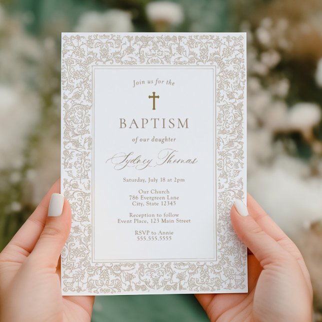 Elegant Gold Floral Traditional Baptism  Invitation (Creator Uploaded)