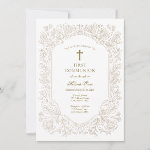 Elegant Gold Floral Traditional First Communion  Invitation