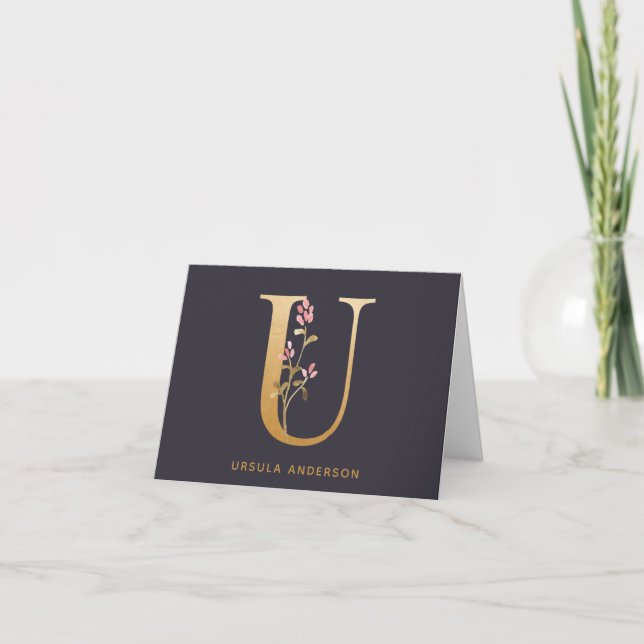 Elegant Gold Floral U Monogram Chic Personalized Note Card (Front)