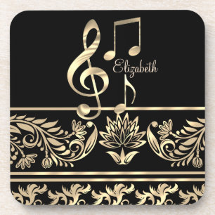 Elegant Gold Floral,Violin Key,Note Beverage Coaster