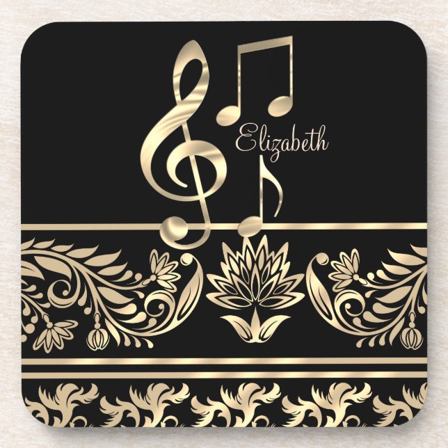 Elegant Gold Floral,Violin Key,Note Beverage Coaster (Front)