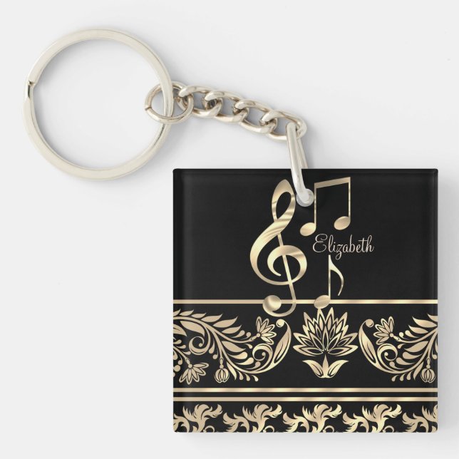 Elegant Gold Floral,Violin Key,Note Keychain (Front)