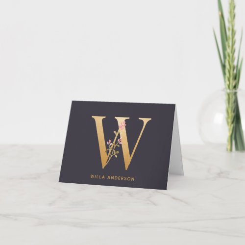 Elegant Gold Floral W Monogram Chic Personalized Note Card