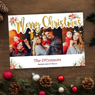 Elegant Gold Floral Watercolor Christmas Photo Holiday Card
