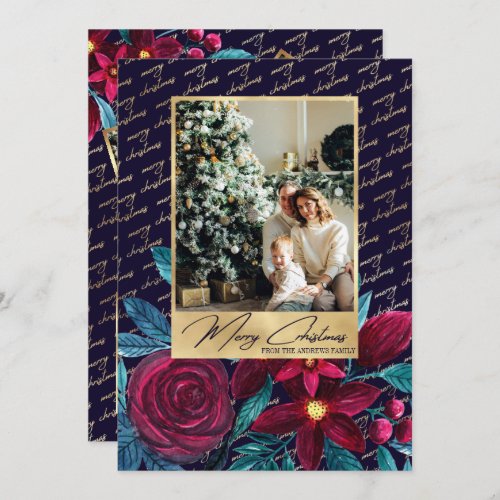 Elegant Gold Floral Watercolor Photo Christmas Holiday Card
