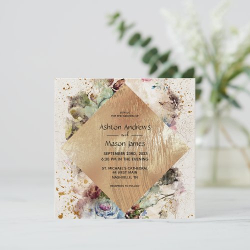 Elegant Gold Floral Watercolor Rustic Wedding Invitation