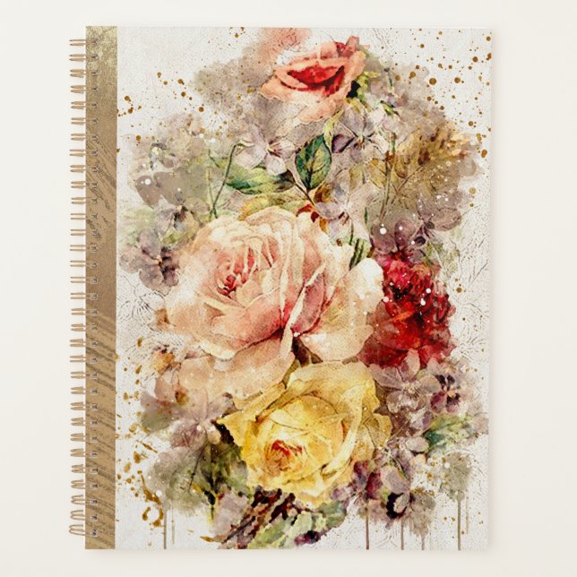 Elegant Gold Floral Watercolor Rustic Wedding Planner (Front)