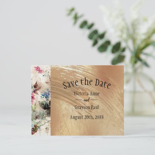 Elegant Gold Floral Watercolor Save the Date Announcement Postcard