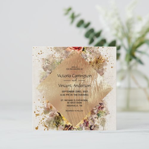Elegant Gold Floral Watercolor Wedding Invitation