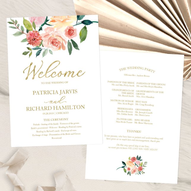 Elegant Gold Floral Watercolor Wedding Program (Creator Uploaded)