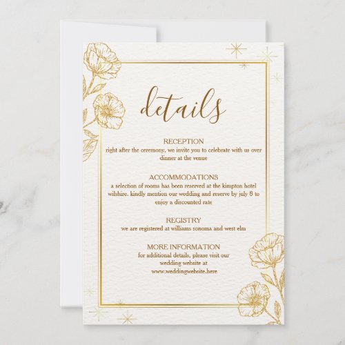 Elegant Gold Floral Wedding Details Card