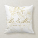 Elegant Gold Floral Wedding Favor Throw Pillow<br><div class="desc">Elegant "Modern Simple Floral Gold" designer gift template. An elegant newly-weds gift design,  featuring beautifully drawn vintage flowers on white background (you can change the background colour to suit your needs),  MR&MRS,  date and last name text.</div>