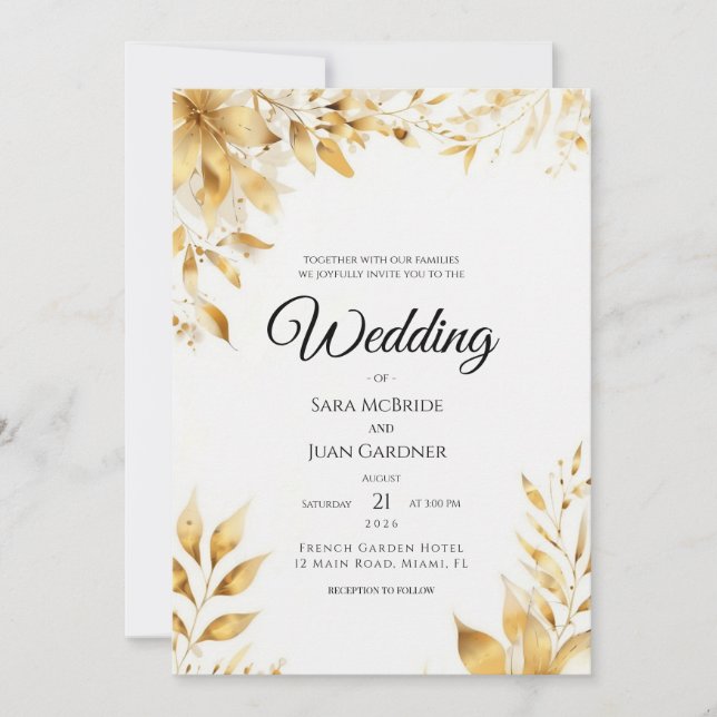 Elegant Gold Floral Wedding Invitation (Front)