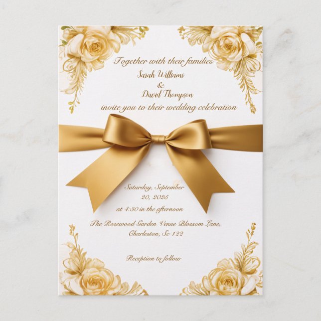 Elegant Gold Floral Wedding Invitation with Ribbon Postcard (Front)