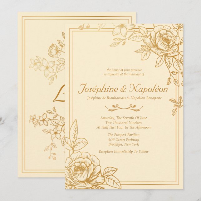 Elegant Gold Floral Wedding Invitations (Front/Back)