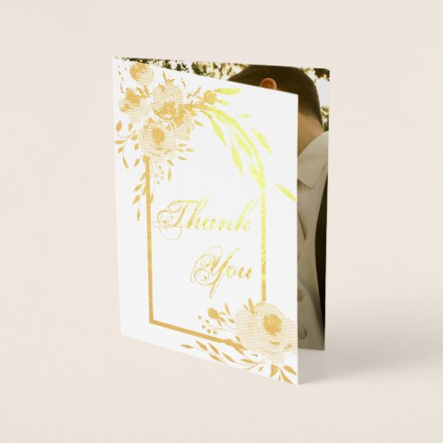 Elegant Gold Floral Wedding Photo Thank You Real Foil Card
