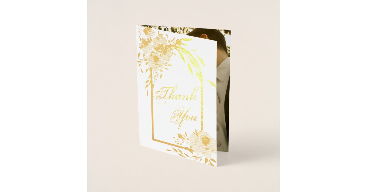 Elegant Gold Floral Wedding Photo Thank You Real Foil Card | Zazzle