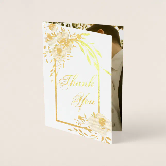 Elegant Gold Floral Wedding Photo Thank You Real Foil Card | Zazzle