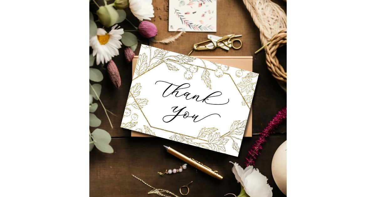 Elegant Gold Floral Wedding Thank You Card | Zazzle