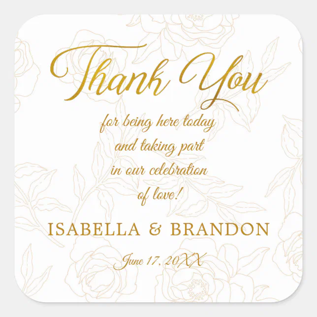 Elegant Gold Floral Wedding Thank You Square Sticker | Zazzle