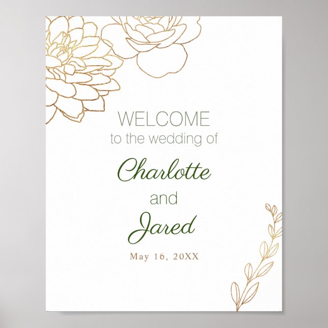 Elegant Gold Floral Wedding Welcome Sign (Front)