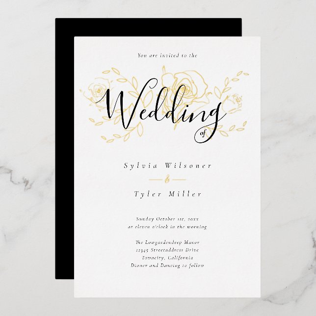 Elegant Gold Floral White Black Wedding Foil Invitation (Front/Back)