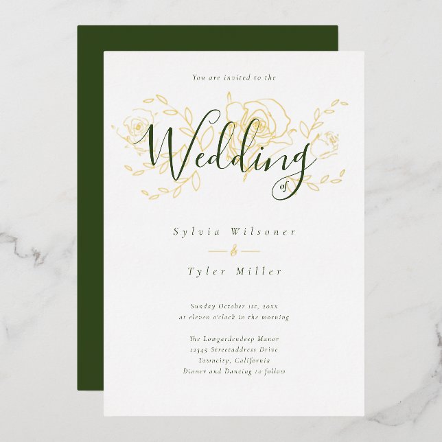 Elegant Gold Floral White Green Wedding Foil Invitation (Front/Back)