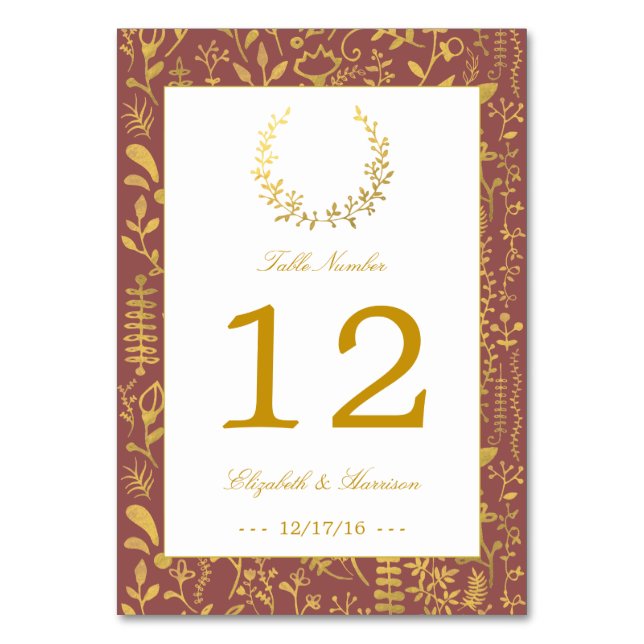 Elegant Gold Floral Wreath Wedding Table Number (Front)