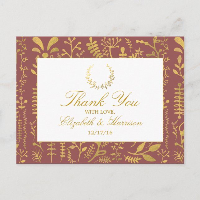 Elegant Gold Floral Wreath Wedding Thank You Postcard (Front)