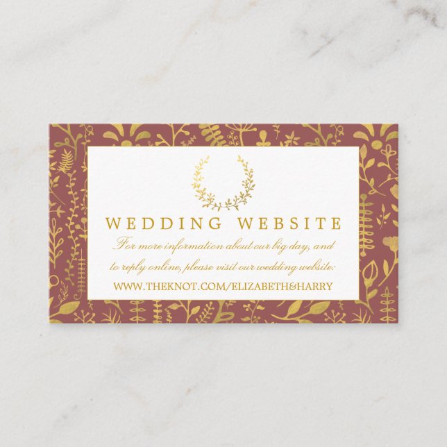 Elegant Gold Floral Wreath Wedding Website Enclosure Card (Front)